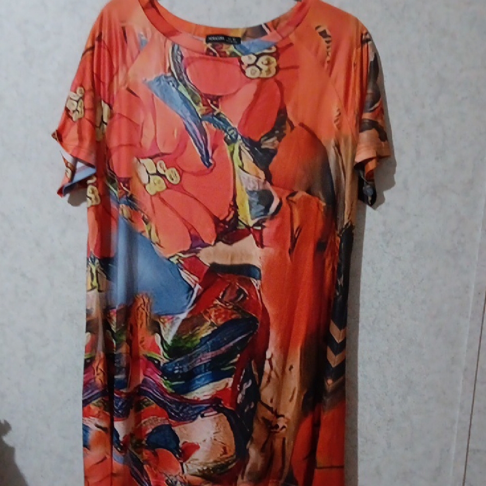 Orange Red Graphic Short Sleeve Tunic
